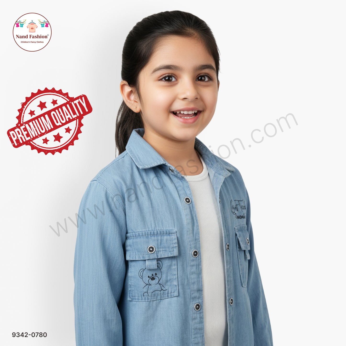 Girls Denim Jacket  with Front Pockets & Printed Detail | Casual Wear