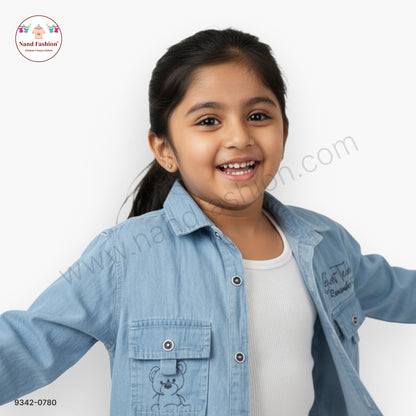 Girls Denim Jacket  with Front Pockets & Printed Detail | Casual Wear