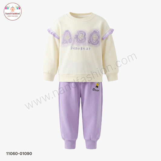 Girls Cute ABC Printed Sweatshirt & Jogger Set (Cream & Lavender)
