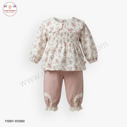 Girls Floral Fancy Wear Set – Smocked Top & Lace Pant