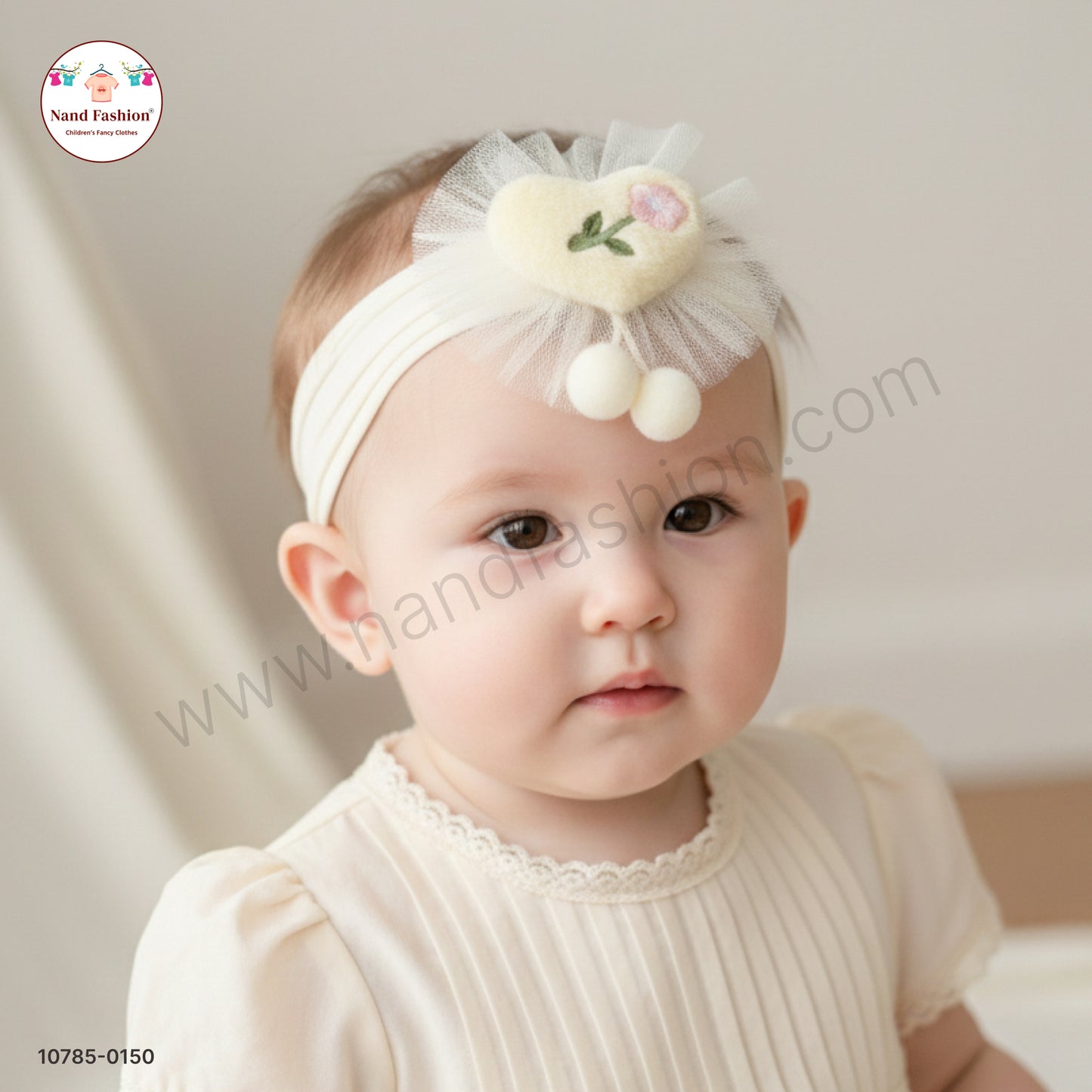 Soft Stretchable Light Yellow  Headband for Baby with Heart Applique