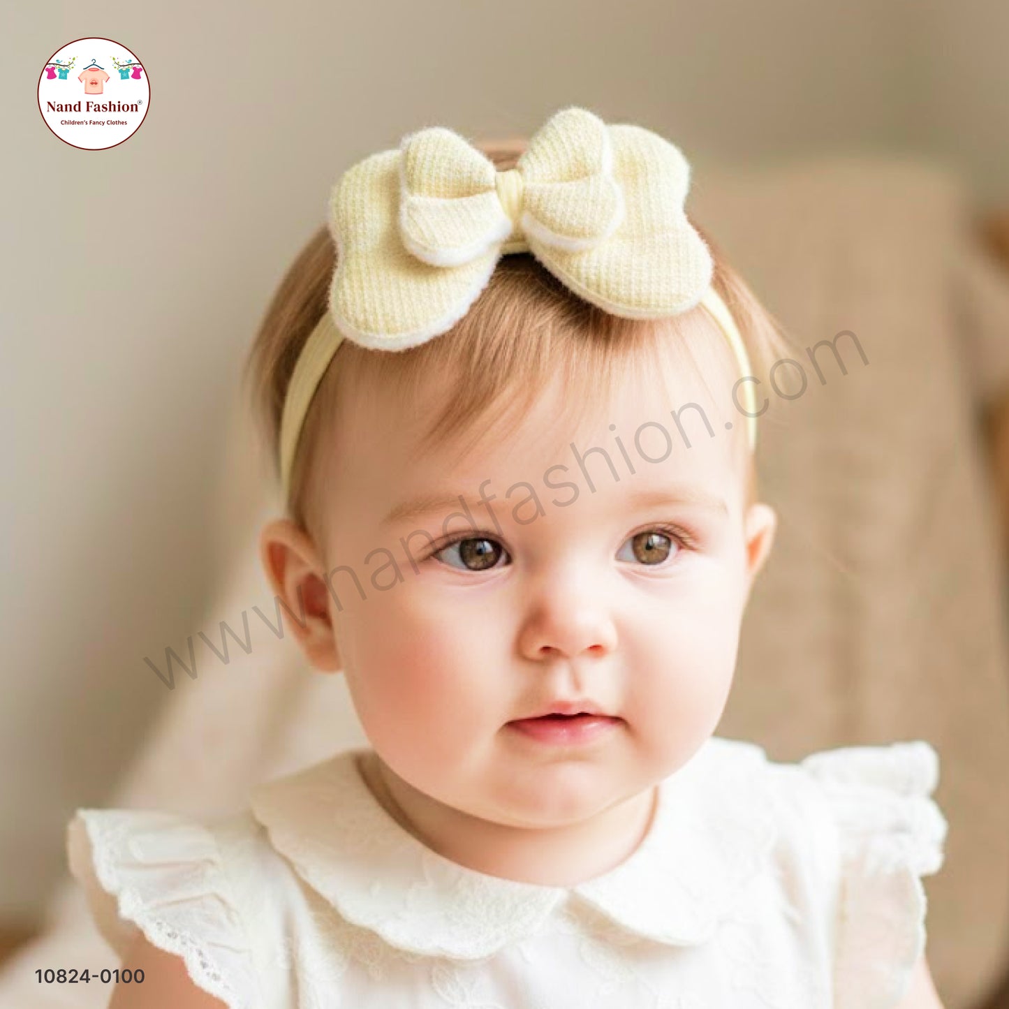 Baby Girl Cream Bow Nylon Headband – Soft Stretch Hair Band