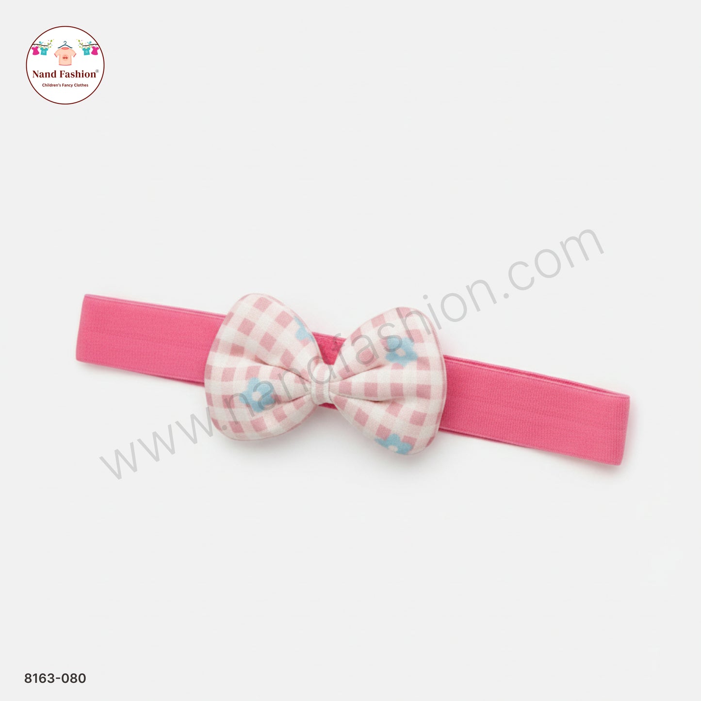 Baby Girl Pink Check Bow Nylon Headband – Soft Stretch Hair Band