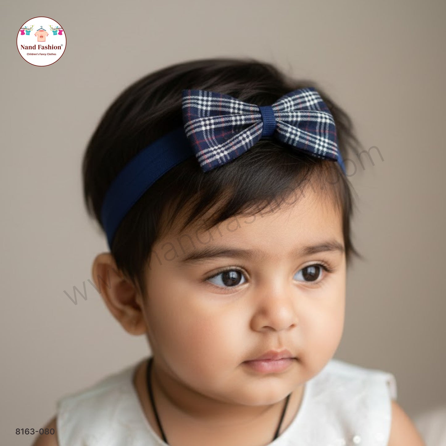 Boys Navy Blue Checked Bow Tie Elastic Hair Band