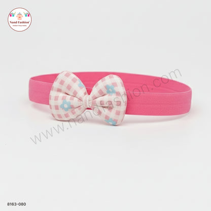 Baby Girl Pink Check Bow Nylon Headband – Soft Stretch Hair Band