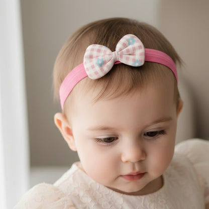 Baby Girl Pink Check Bow Nylon Headband – Soft Stretch Hair Band
