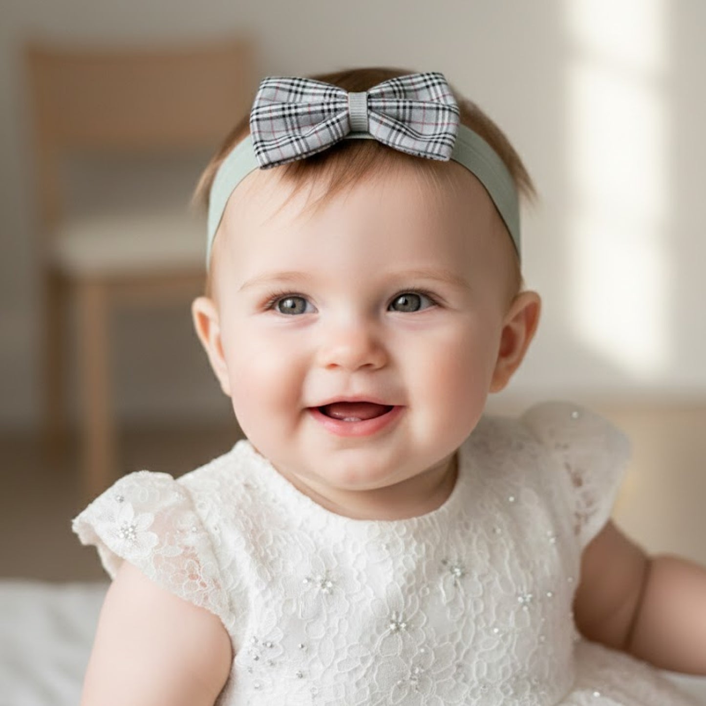 Boys Grey Checked Bow Tie Elastic Hair Band