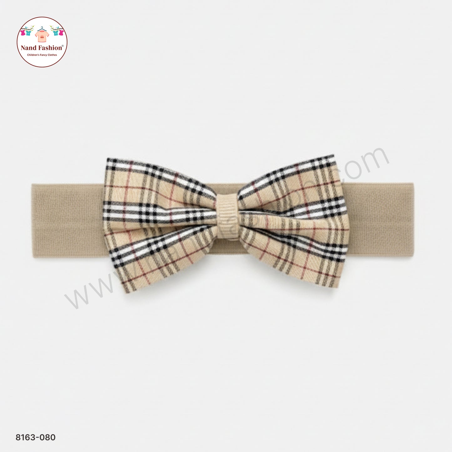 Boys Beige Checked Bow Tie Elastic Hair Band