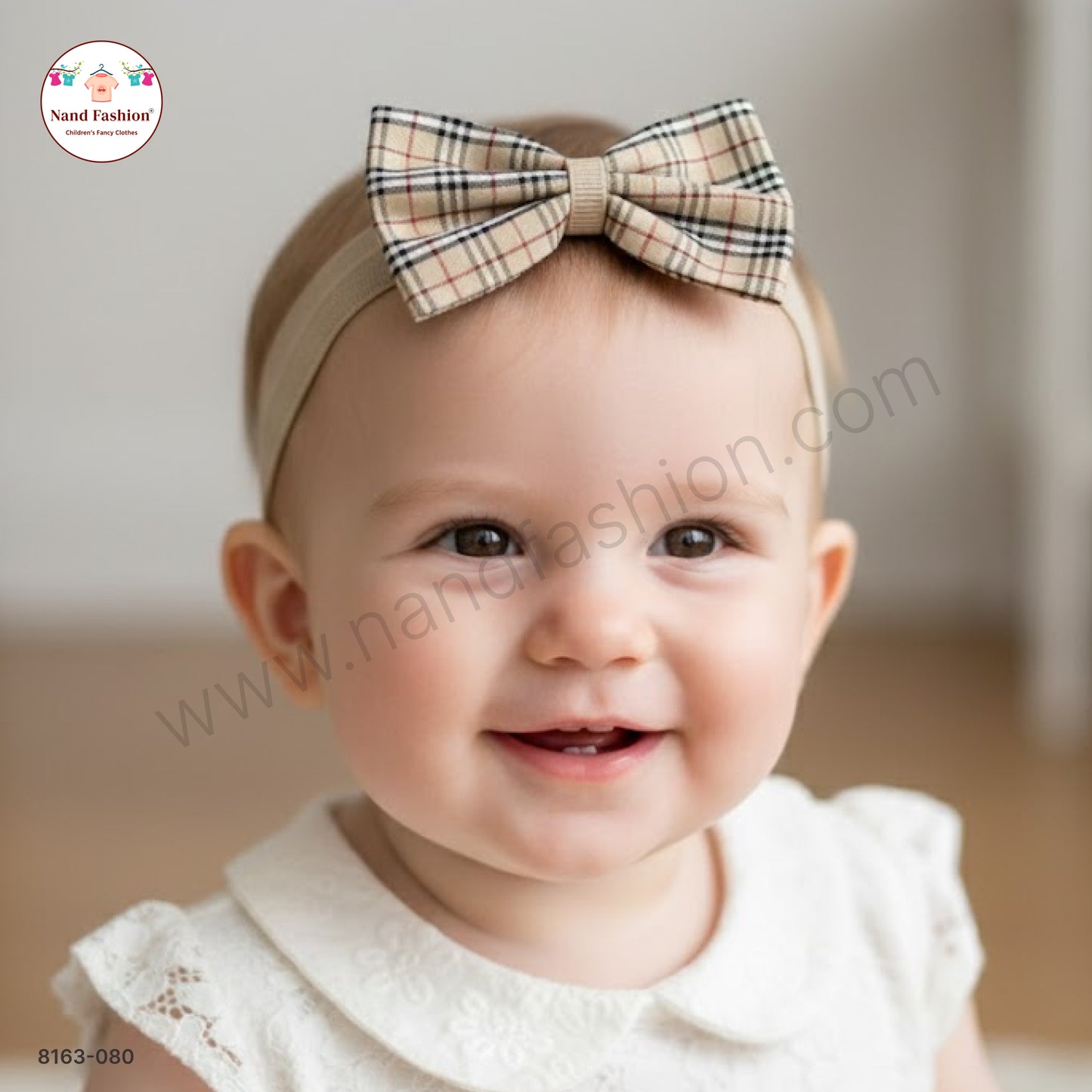 Boys Beige Checked Bow Tie Elastic Hair Band