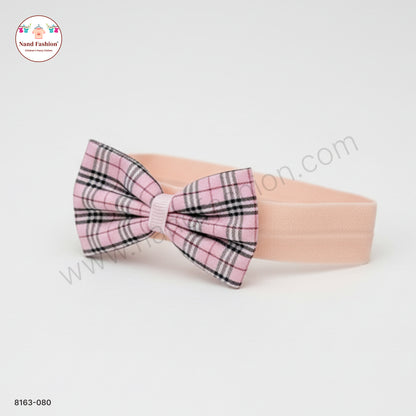 Baby Girl Peach Pink Checked Bow Nylon Headband – Soft Stretch Hair Band