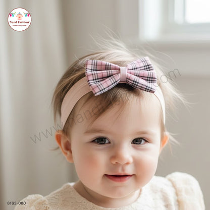 Baby Girl Peach Pink Checked Bow Nylon Headband – Soft Stretch Hair Band