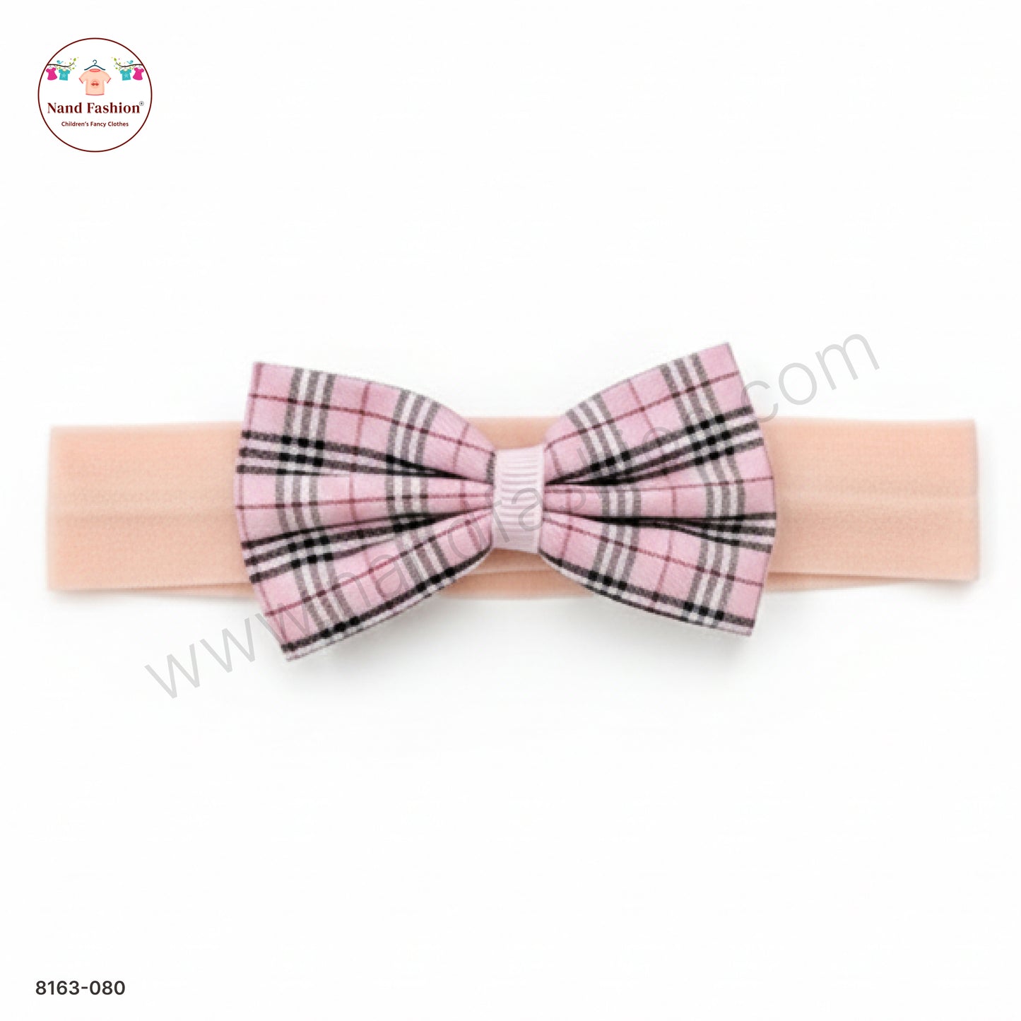 Baby Girl Peach Pink Checked Bow Nylon Headband – Soft Stretch Hair Band