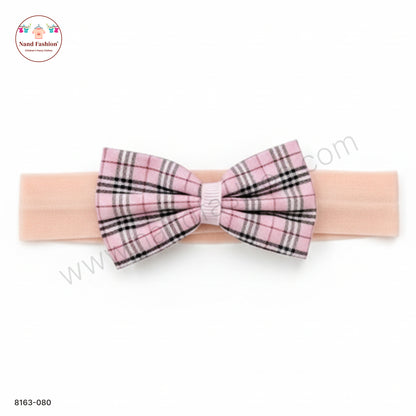Baby Girl Peach Pink Checked Bow Nylon Headband – Soft Stretch Hair Band