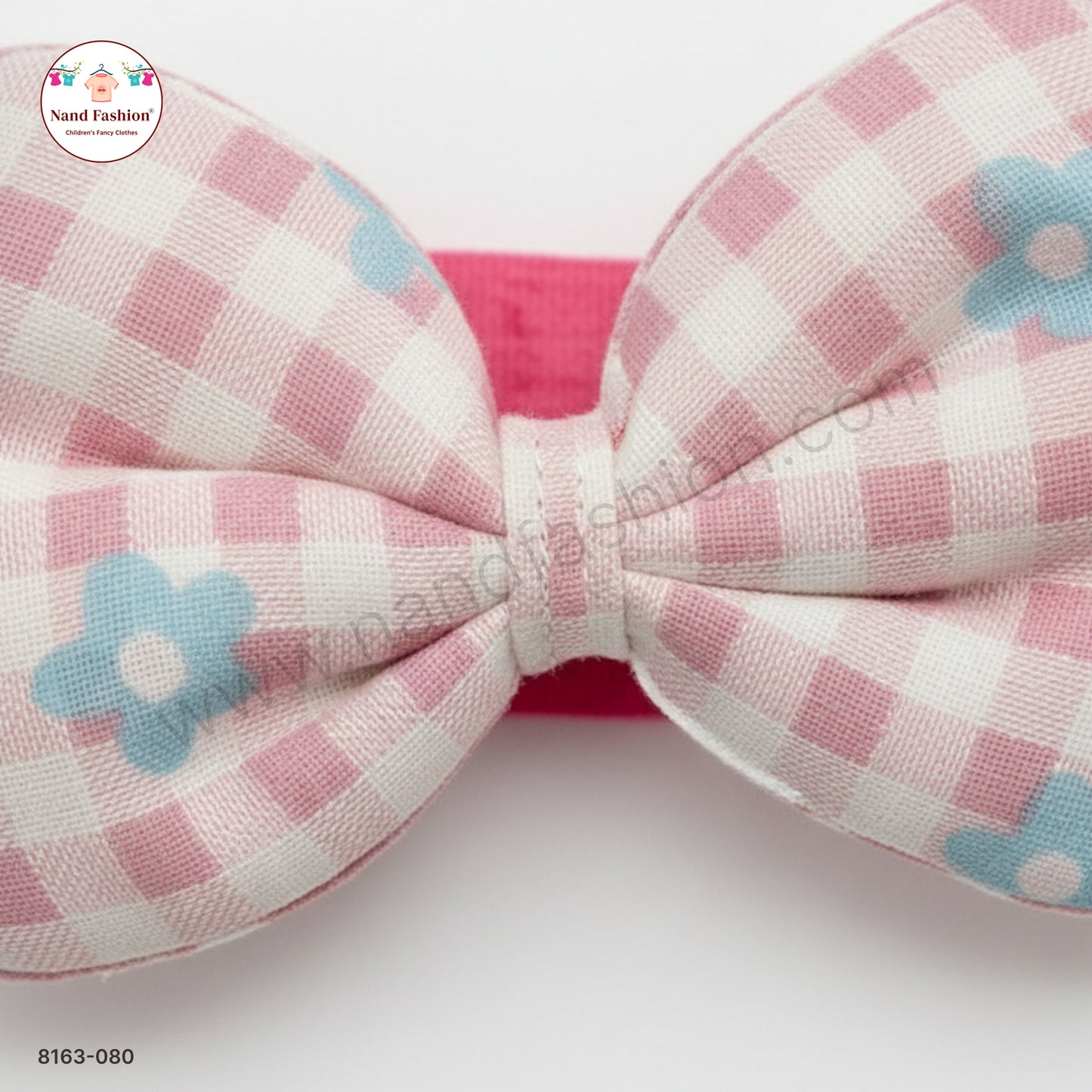 Baby Girl Pink Check Bow Nylon Headband – Soft Stretch Hair Band