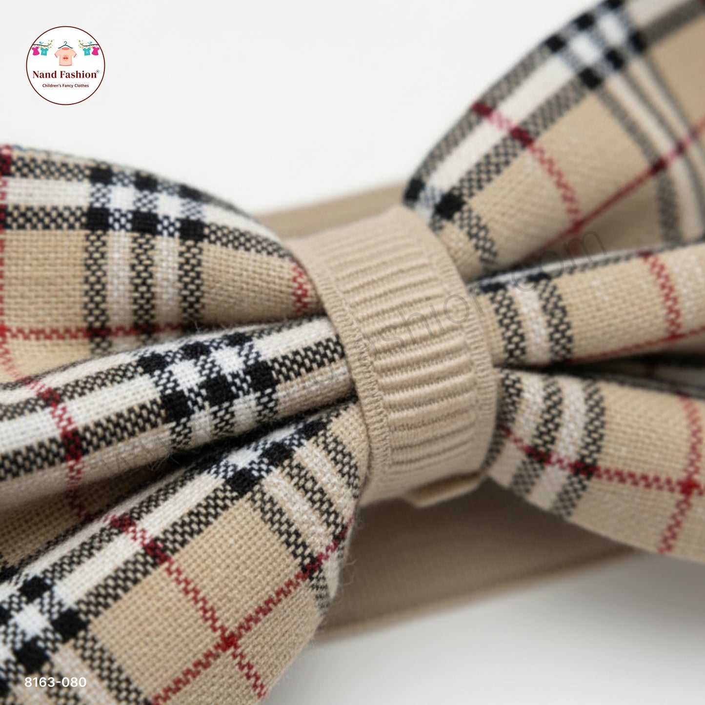 Boys Beige Checked Bow Tie Elastic Hair Band