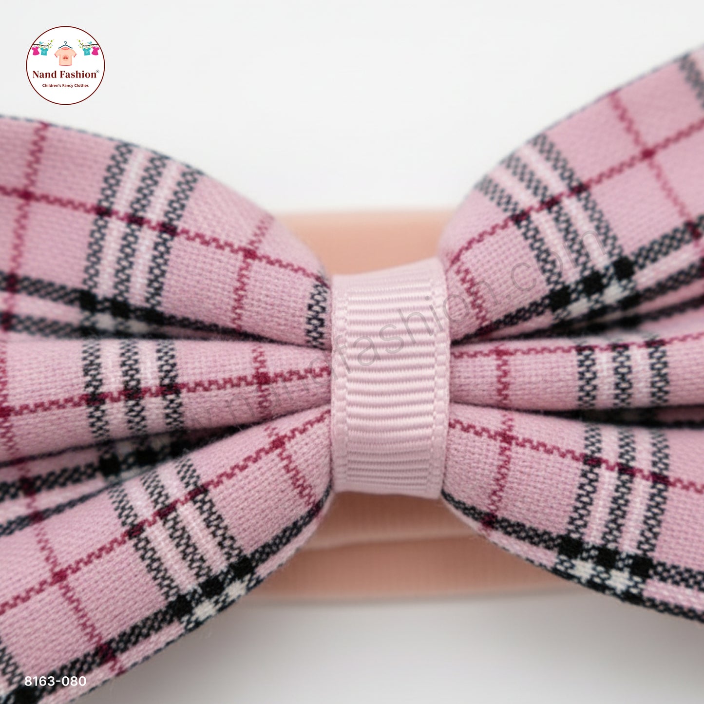 Baby Girl Peach Pink Checked Bow Nylon Headband – Soft Stretch Hair Band