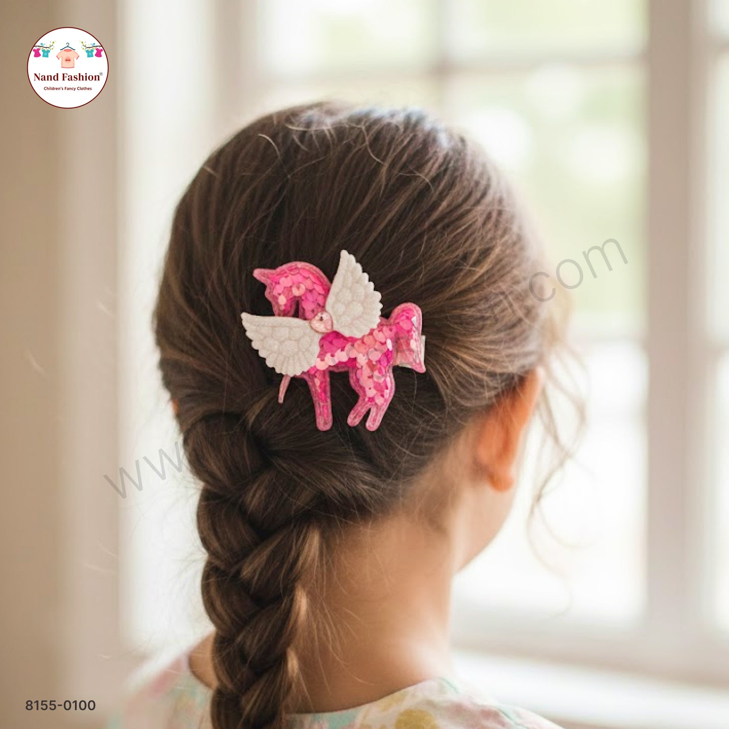 Baby Girl Pink Unicorn Sequin Hair Pin with Wings – Premium Party Wear