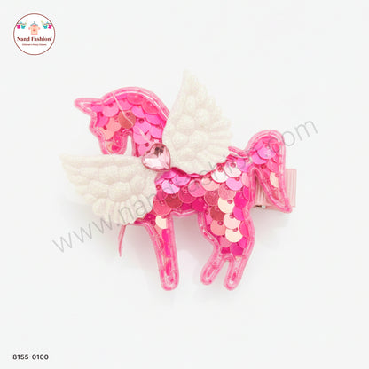 Baby Girl Pink Unicorn Sequin Hair Pin with Wings – Premium Party Wear