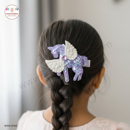 Baby Girl purple Unicorn Sequin Hair Pin with Wings – Premium Party Wear