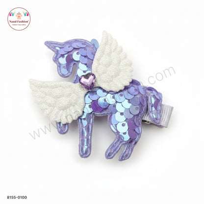 Baby Girl purple Unicorn Sequin Hair Pin with Wings – Premium Party Wear