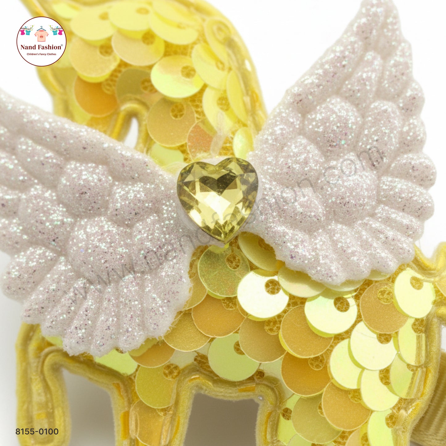 Baby Girl Yellow Unicorn Sequin Hair Pin with Wings – Premium Party Wear
