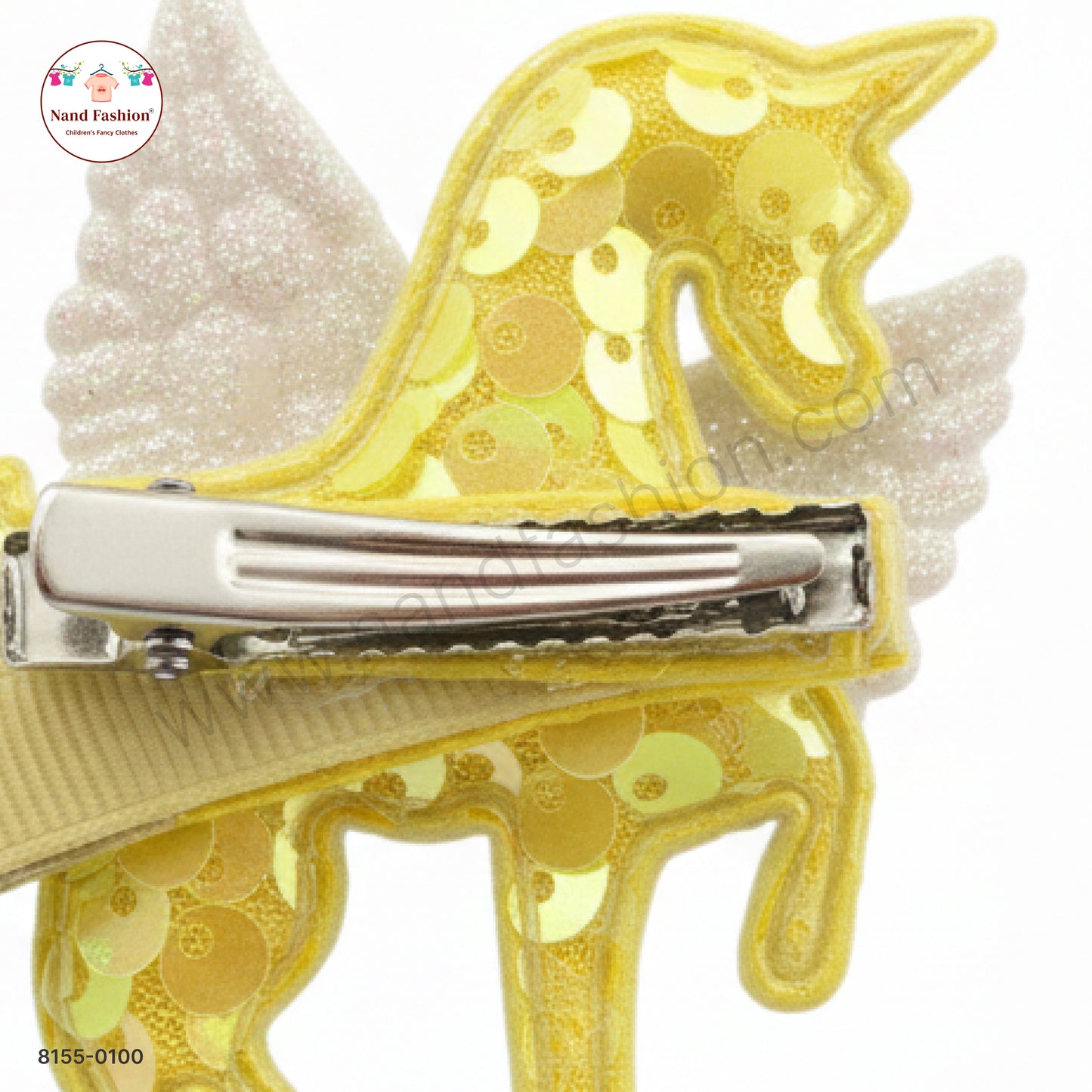 Baby Girl Yellow Unicorn Sequin Hair Pin with Wings – Premium Party Wear