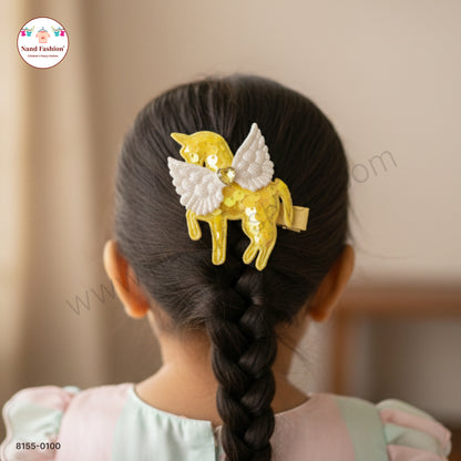 Baby Girl Yellow Unicorn Sequin Hair Pin with Wings – Premium Party Wear