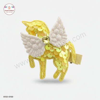 Baby Girl Yellow Unicorn Sequin Hair Pin with Wings – Premium Party Wear