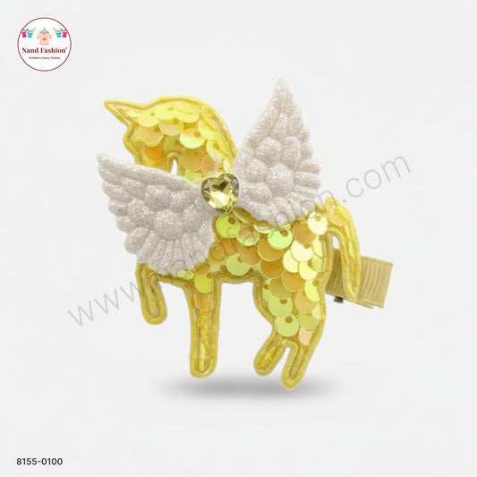 Baby Girl Yellow Unicorn Sequin Hair Pin with Wings – Premium Party Wear