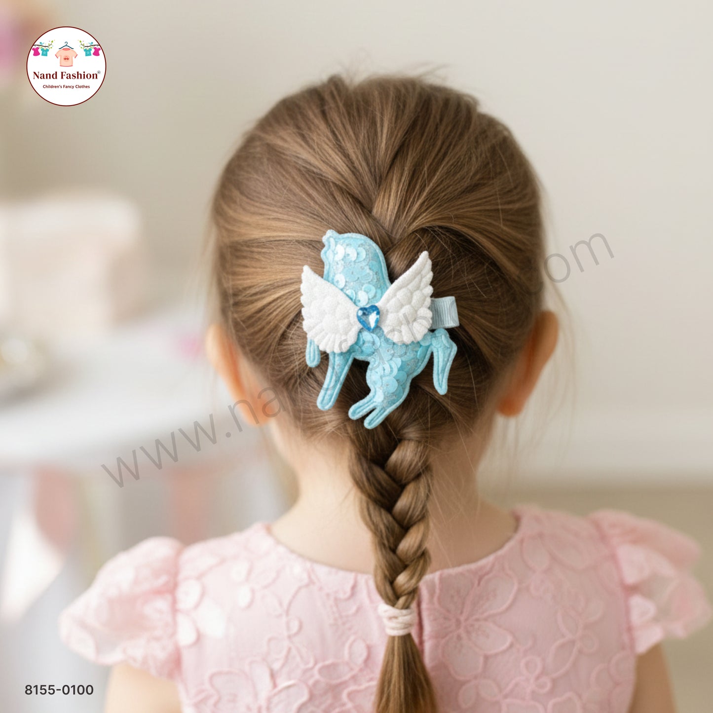 Baby Girl Sky blue Unicorn Sequin Hair Pin with Wings – Premium Party Wear