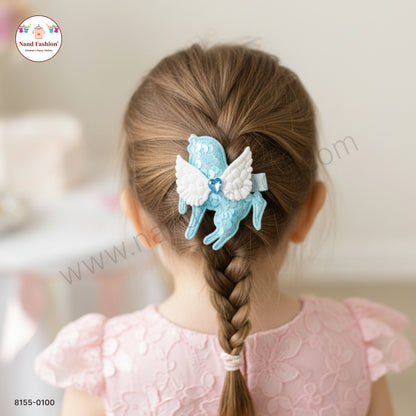 Baby Girl Sky blue Unicorn Sequin Hair Pin with Wings – Premium Party Wear