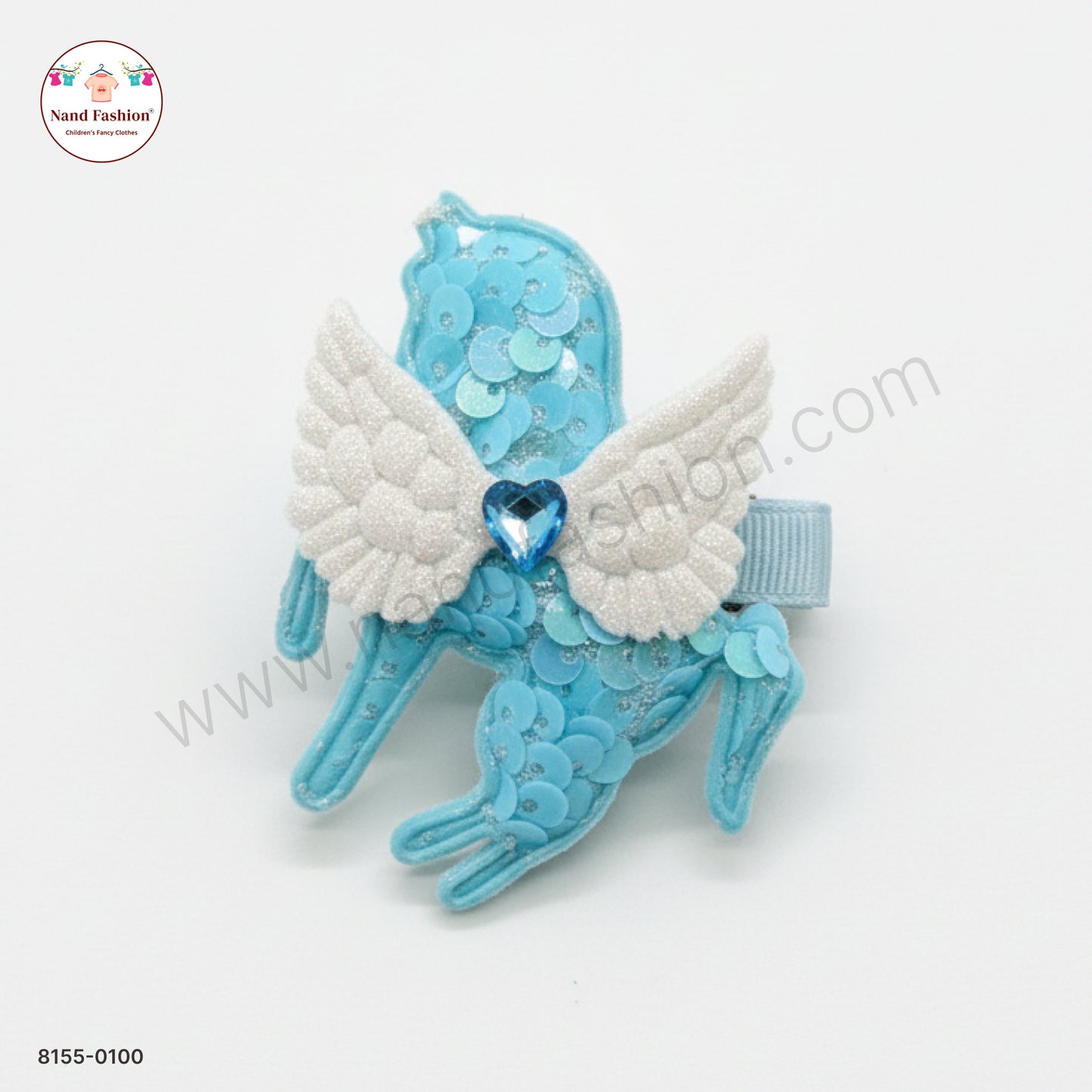 Baby Girl Sky blue Unicorn Sequin Hair Pin with Wings – Premium Party Wear