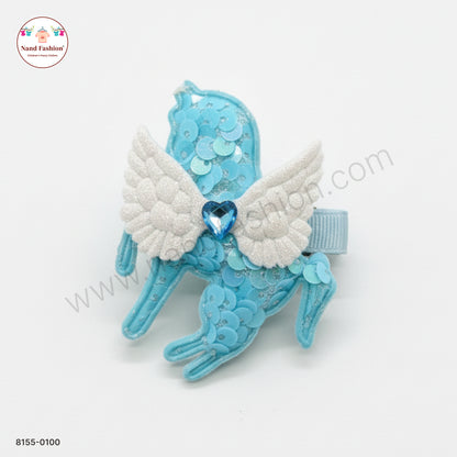 Baby Girl Sky blue Unicorn Sequin Hair Pin with Wings – Premium Party Wear