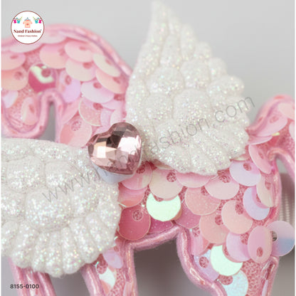 Baby Girl light Pink Unicorn Sequin Hair Pin with Wings – Premium Party Wear