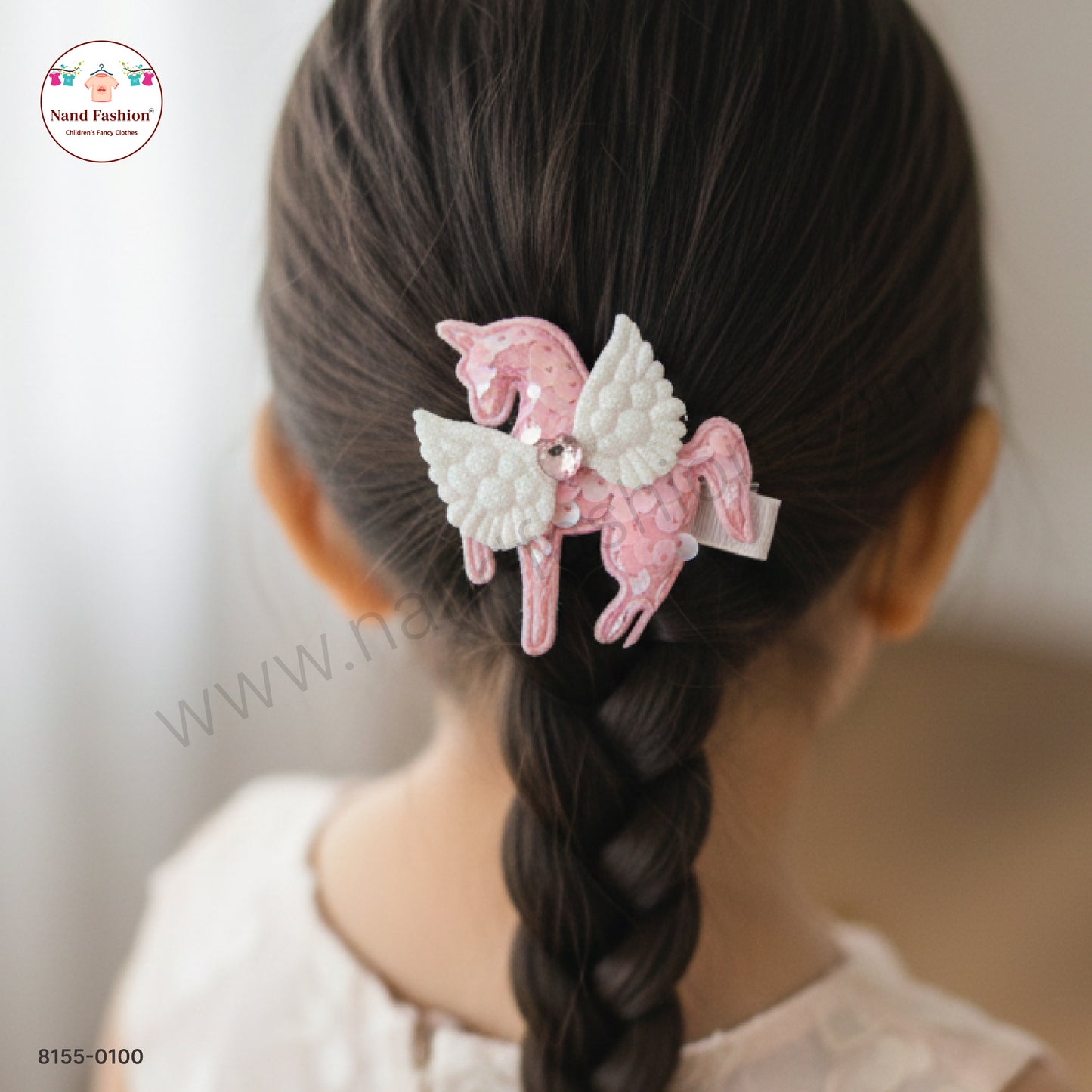 Baby Girl light Pink Unicorn Sequin Hair Pin with Wings – Premium Party Wear