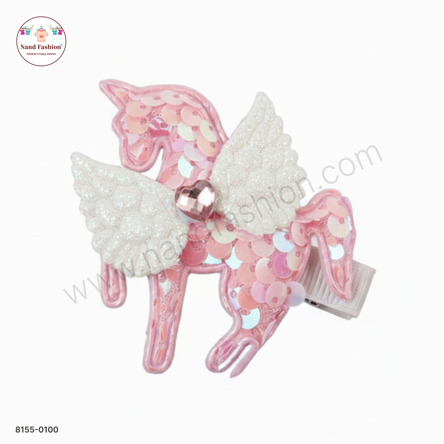 Baby Girl light Pink Unicorn Sequin Hair Pin with Wings – Premium Party Wear
