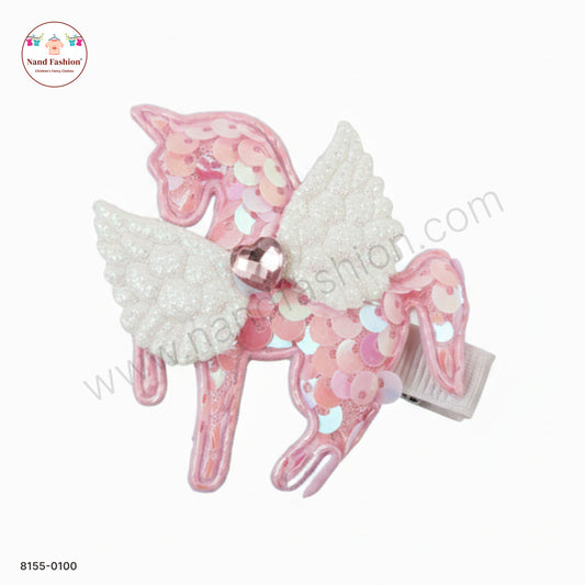 Baby Girl light Pink Unicorn Sequin Hair Pin with Wings – Premium Party Wear