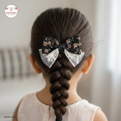 Black Floral Designer Bow Hair Pin for Baby Girls
