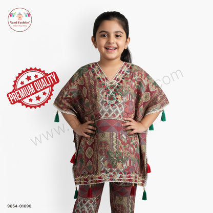 Girls Multicolor Printed Cape-Style Kurta Pair with Tassel Detailing – Festive Ethnic Wear