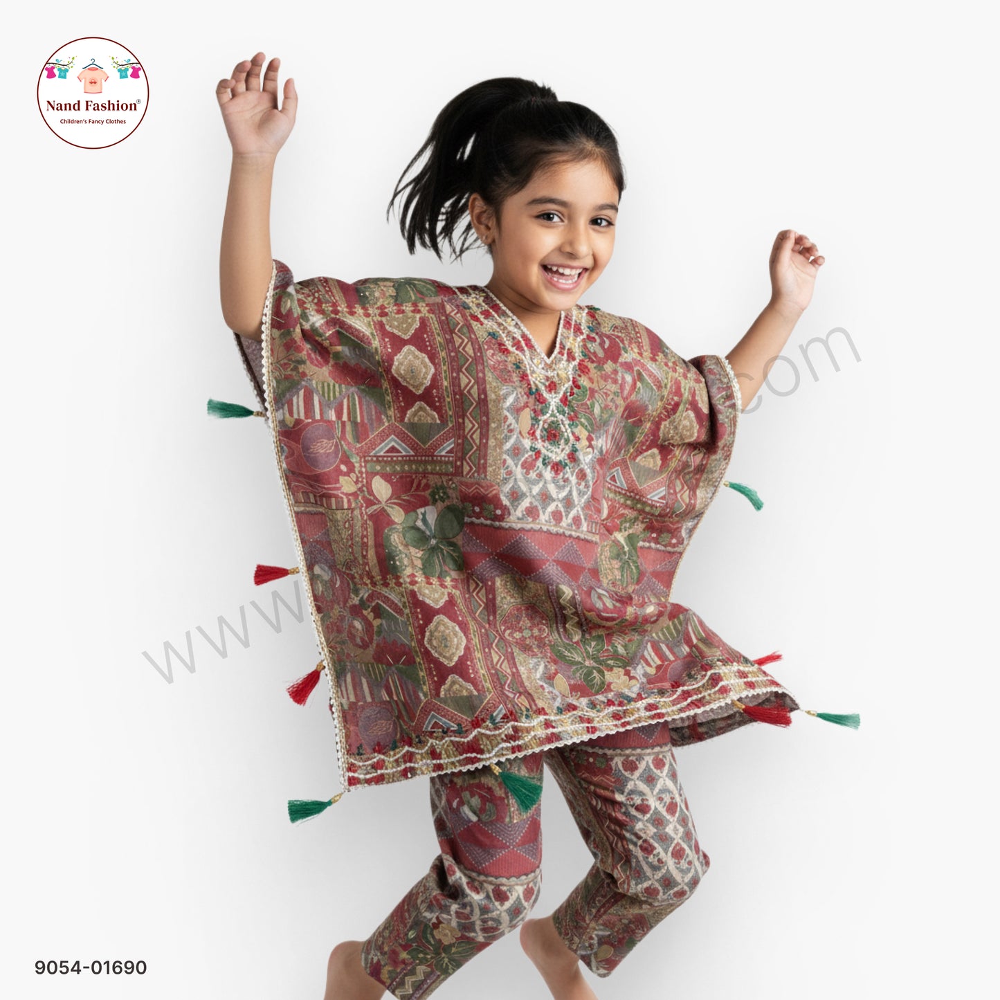 Girls Multicolor Printed Cape-Style Kurta Pair with Tassel Detailing – Festive Ethnic Wear