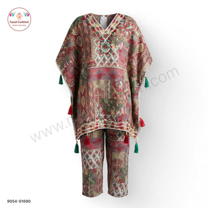 Girls Multicolor Printed Cape-Style Kurta Pair with Tassel Detailing – Festive Ethnic Wear