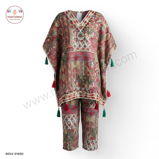 Girls Multicolor Printed Cape-Style Kurta Pair with Tassel Detailing – Festive Ethnic Wear