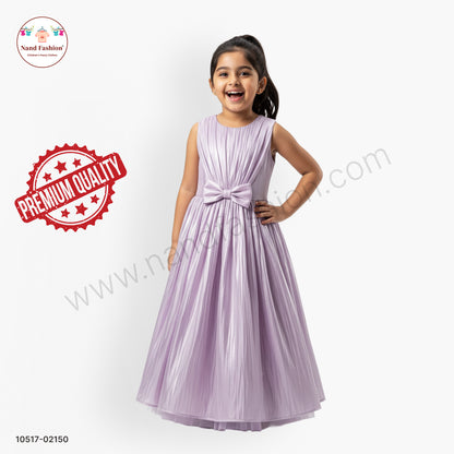 Girls Lavender Shimmer Party Wear Long Gown with Bow Waist – Elegant Princess Frock