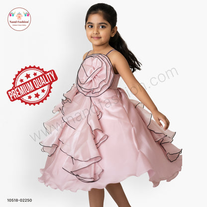 Girls Blush Pink Satin Party Wear Frock with Floral Ruffle Layers & Rose Detail