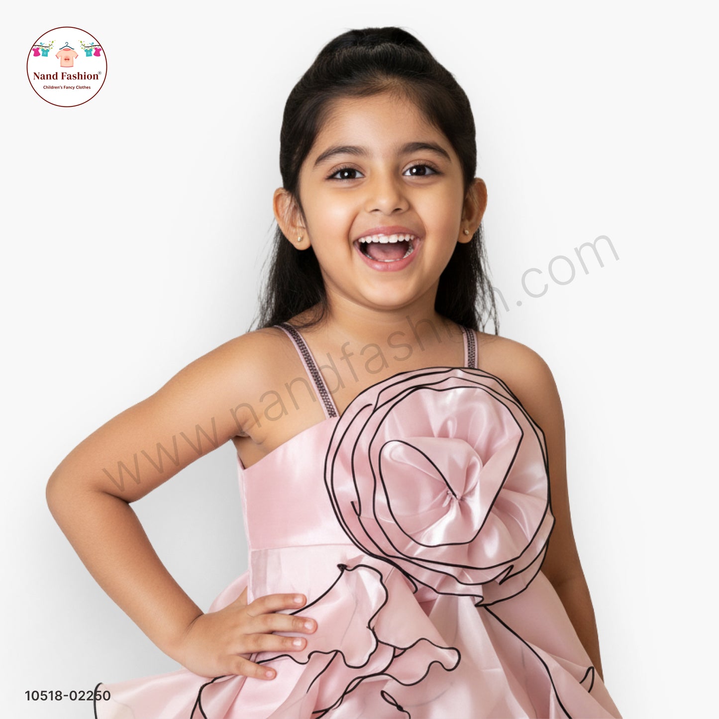 Girls Blush Pink Satin Party Wear Frock with Floral Ruffle Layers & Rose Detail