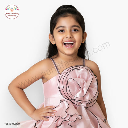 Girls Blush Pink Satin Party Wear Frock with Floral Ruffle Layers & Rose Detail