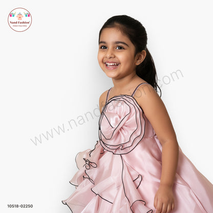 Girls Blush Pink Satin Party Wear Frock with Floral Ruffle Layers & Rose Detail