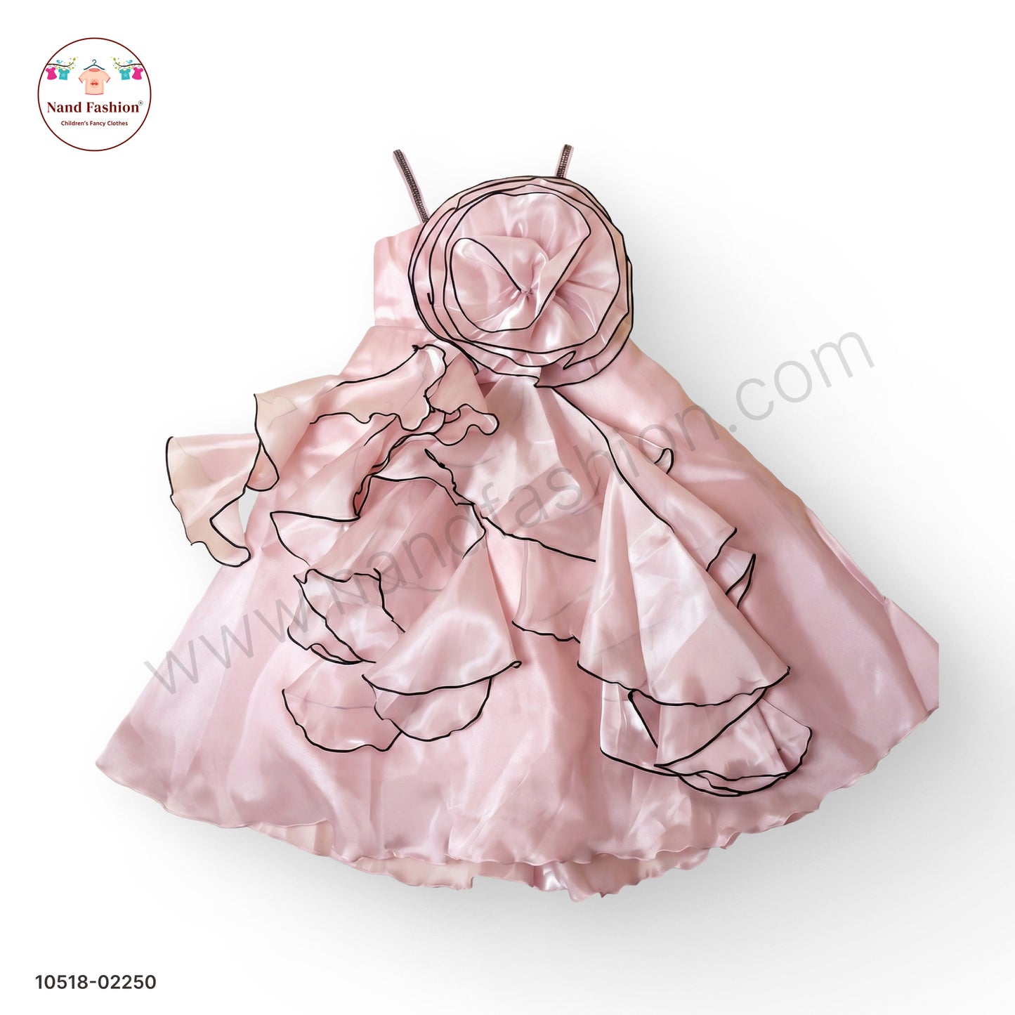 Girls Blush Pink Satin Party Wear Frock with Floral Ruffle Layers & Rose Detail