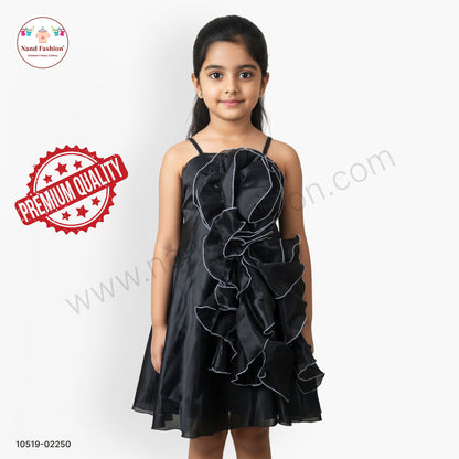 Girls Black Organza Party Wear Frock with Statement Ruffle Floral Design