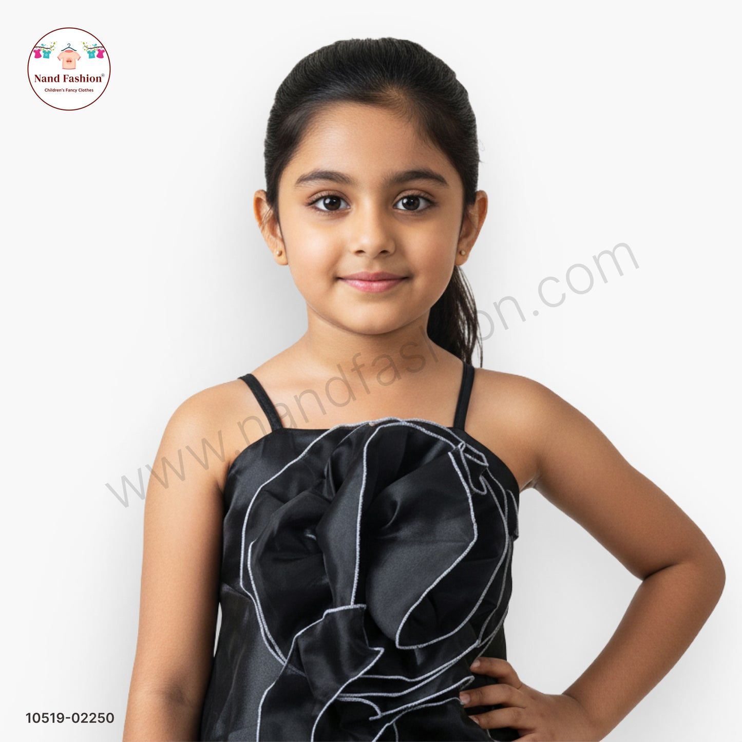 Girls Black Organza Party Wear Frock with Statement Ruffle Floral Design